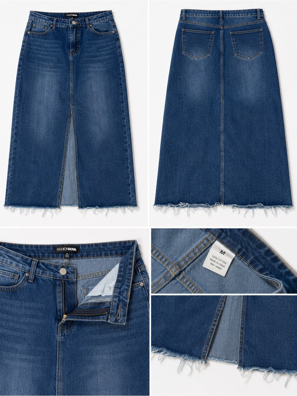 Fashion Nova Dark Blue Denim Midi Skirt with Center Front Slit